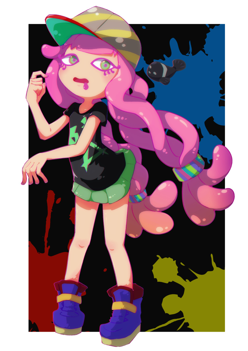 absurdres afuron baseball_cap black_shirt blue_footwear blunt_bangs blush boots border chromatic_aberration clownfish commentary drooling female fish flat_chest full_body green_eyes green_skirt hair_tie hand_up harmony's_clownfish_(splatoon) harmony_(splatoon) hat highres legs light_blush long_hair looking_at_viewer low-tied_long_hair miniskirt multicolored_background multicolored_clothes multicolored_headwear open_mouth outside_border pink_hair pleated_skirt shirt short_sleeves sidelocks skirt solo_focus splatoon_(series) splatoon_3 splatter_background standing striped_clothes striped_headwear tentacle tentacle_hair thighs tropical_fish twintails very_long_hair white_border