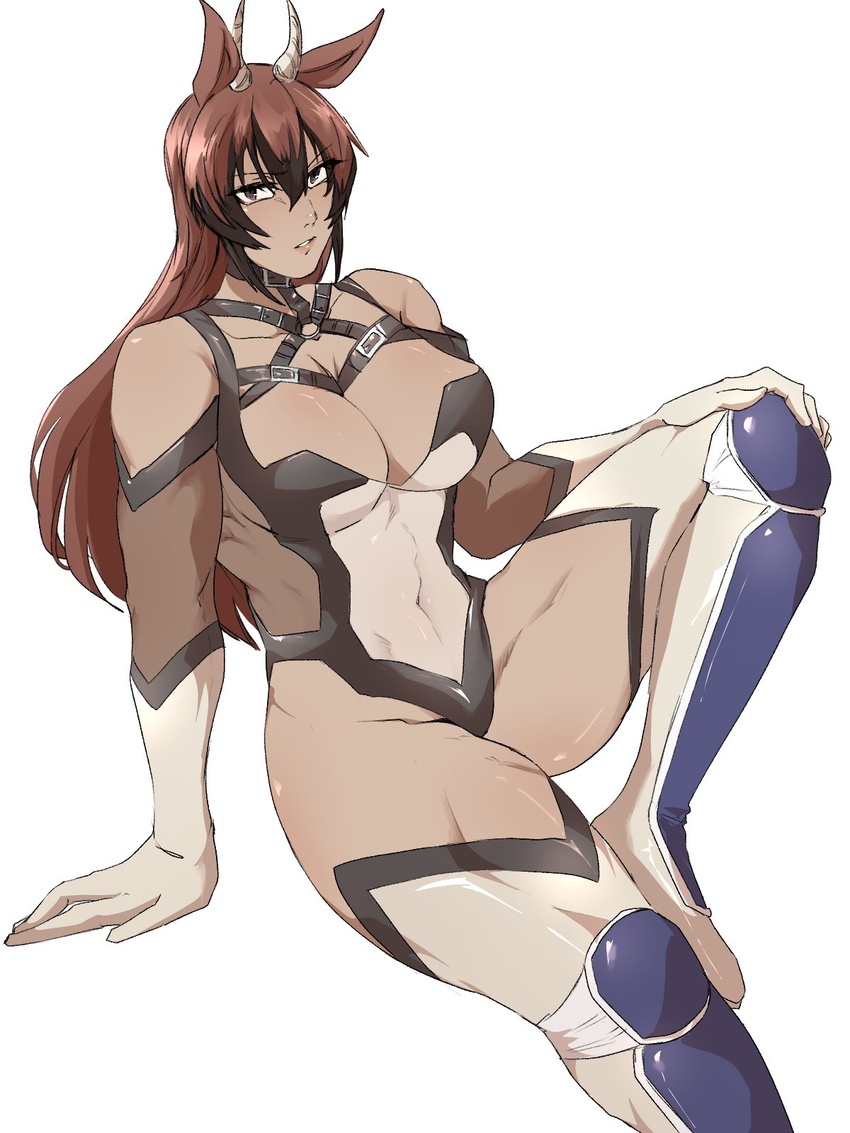 animal_ears antelope_ears antelope_horns black_hair breasts brown_eyes brown_hair commentary_request elbow_gloves female gazelleman genderswap_(mtf) gloves groin hair_between_eyes highres horns imo_moka kinnikuman kinnikuman_nisei large_breasts multicolored_hair muscular muscular_female rule_63 sitting solo thigh_strap two-tone_hair