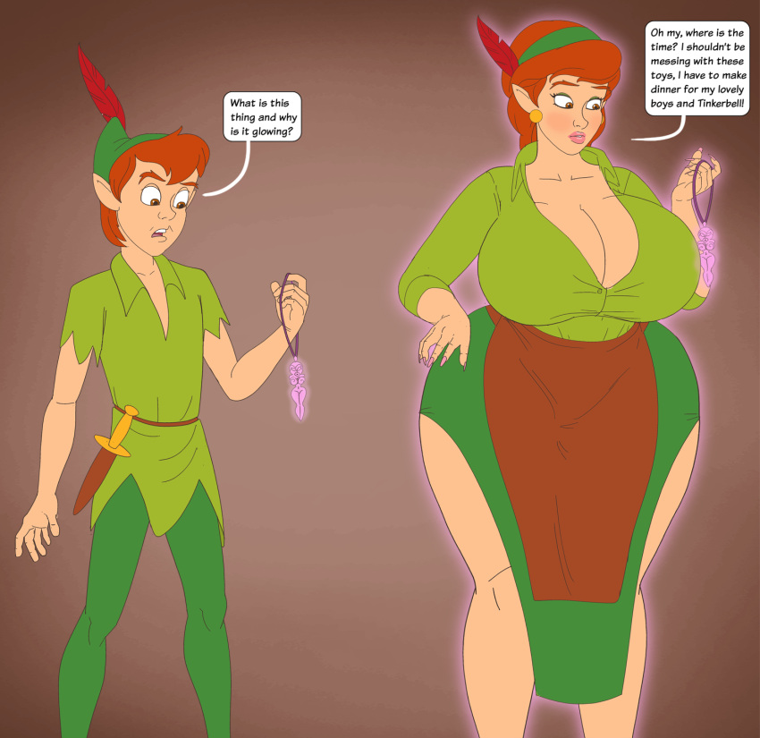 2koma age_progression bimbo bimbofication breast_expansion breast_growth dialogue_box disney gender_transformation genderswap genderswap_(mtf) green_clothing milfification mtf_transformation orange_hair peter_pan_(character) peter_pan_(disney) rule_63 saturnxart simple_background transformation