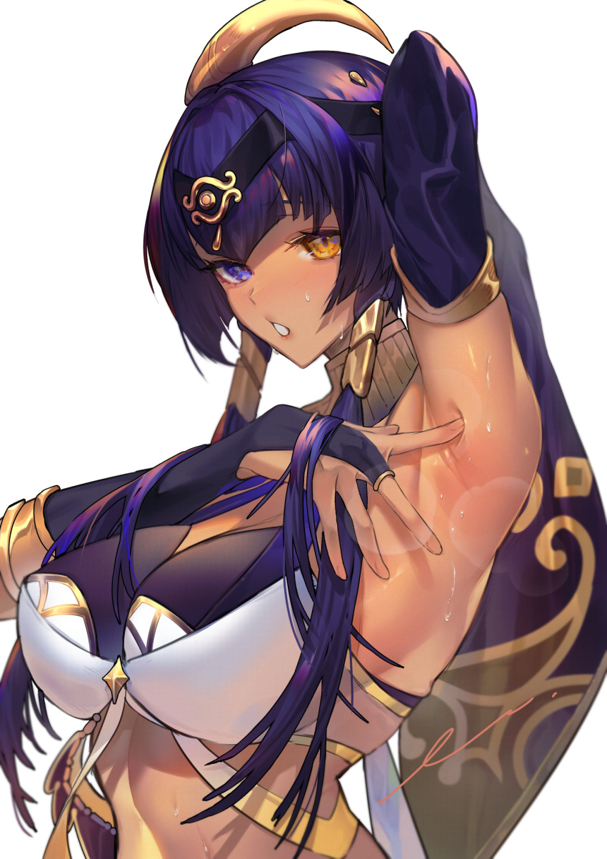 arabian_clothes arm_up armpits blue_eyes blue_hair breasts candace_(genshin_impact) commentary_request dark-skinned_female dark_skin enshou_(namarien) eye_of_horus female genshin_impact heterochromia highres large_breasts looking_at_viewer parted_lips presenting_armpit short_hair_with_long_locks solo sweat upper_body white_background yellow_eyes