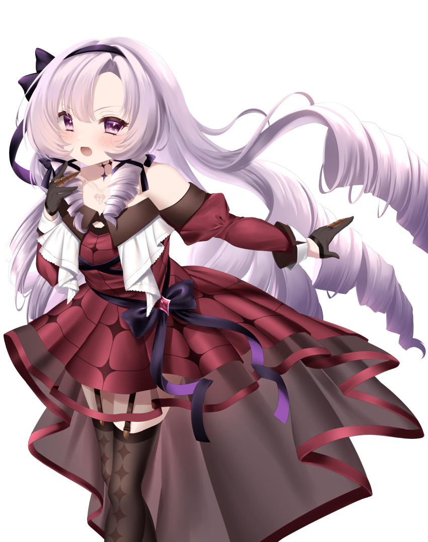 absurdres bare_shoulders black_gloves blush choker corset dress drill_hair feet_out_of_frame female gloves hair_ribbon hairband high-low_skirt highres hyakumantenbara_salome hyakumantenbara_salome_(1st_costume) juliet_sleeves kanda_kaname long_hair long_sleeves looking_at_viewer nijisanji puffy_sleeves purple_eyes purple_hair purple_ribbon red_dress ribbon simple_background solo virtual_youtuber white_background