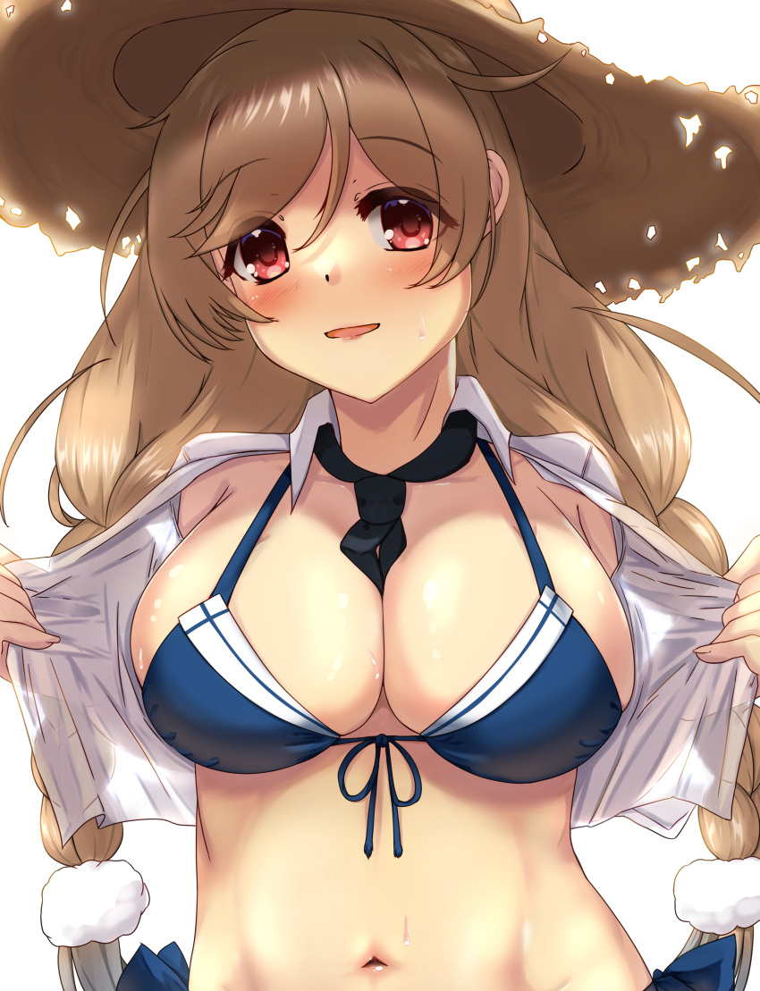 absurdres bikini black_neckerchief blue_bikini braid breasts cloud_hair_ornament cosplay cropped_shirt female front-tie_bikini_top front-tie_top gradient_hair grey_hair hat highres kantai_collection large_breasts light_brown_hair long_hair low_twin_braids minegumo_(kancolle) multicolored_hair neckerchief neckerchief_between_breasts open_clothes open_shirt red_eyes shigatsu_(soratobuusagi) shigure_(kancolle) shigure_kai_san_(kancolle) shigure_kai_san_(kancolle)_(cosplay) shigure_kai_san_(swimsuit)_(kancolle) shirt solo straw_hat sun_hat swimsuit twin_braids very_long_hair white_shirt