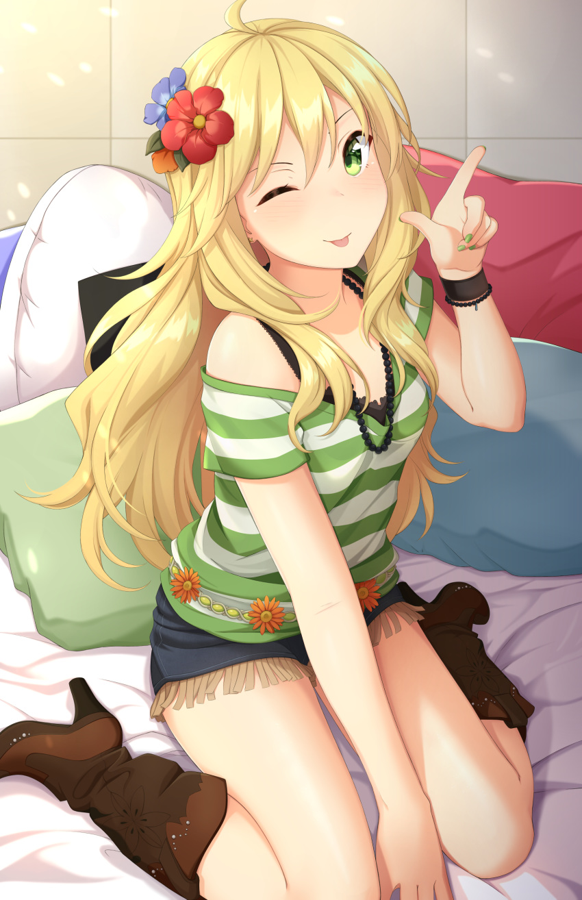 ;p absurdres ahoge bare_shoulders bed belt between_legs blonde_hair blush boots bra_strap cowboy_boots denim denim_shorts earrings female finger_gun flower food-themed_pillow green_eyes green_nails hair_flower hair_ornament hand_between_legs high_heel_boots high_heels highres hoshii_miki idolmaster idolmaster_(classic) jewelry lace leather leather_boots long_hair nail_polish necklace on_bed one_eye_closed pillow short_shorts shorts sitting solo star_(symbol) star_earrings tile_wall tiles tiri tongue tongue_out wariza