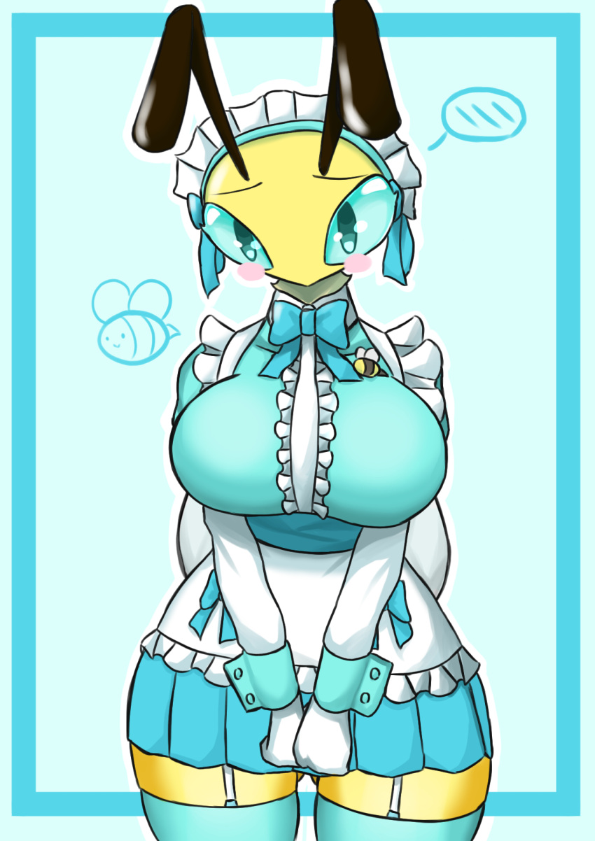 antennae_(anatomy) anthro arthropod ass bee big_breasts big_butt blush blush_stickers bow_tie breasts butt_from_the_front clothed clothing curvy_figure embarrassed eyebrows female hi_res hymenopteran insect_wings insects legwear maid_headdress maid_uniform pluto_(woebeeme) simple_background solo stockings thick_thighs thigh_highs uniform voluptuous wide_hips wings woebeeme