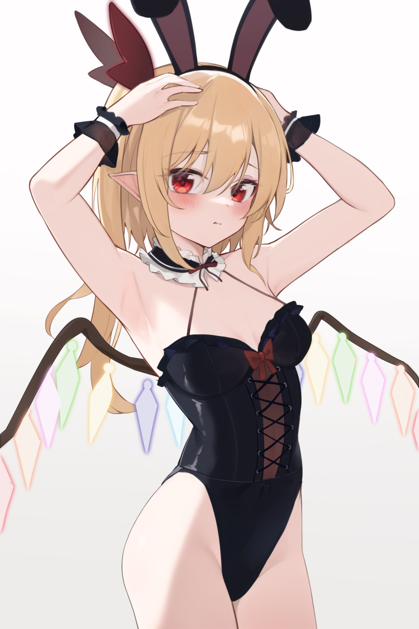 :t absurdres animal_ears armpits arms_up black_hairband black_leotard blonde_hair blush breasts chinese_commentary cleavage closed_mouth commentary_request cowboy_shot crystal detached_collar fake_animal_ears female flandre_scarlet hairband hands_on_own_head highres leotard ling_huanxiang long_hair looking_at_viewer partial_commentary playboy_bunny pointy_ears ponytail rabbit_ears red_eyes simple_background small_breasts solo touhou white_background wings wrist_cuffs