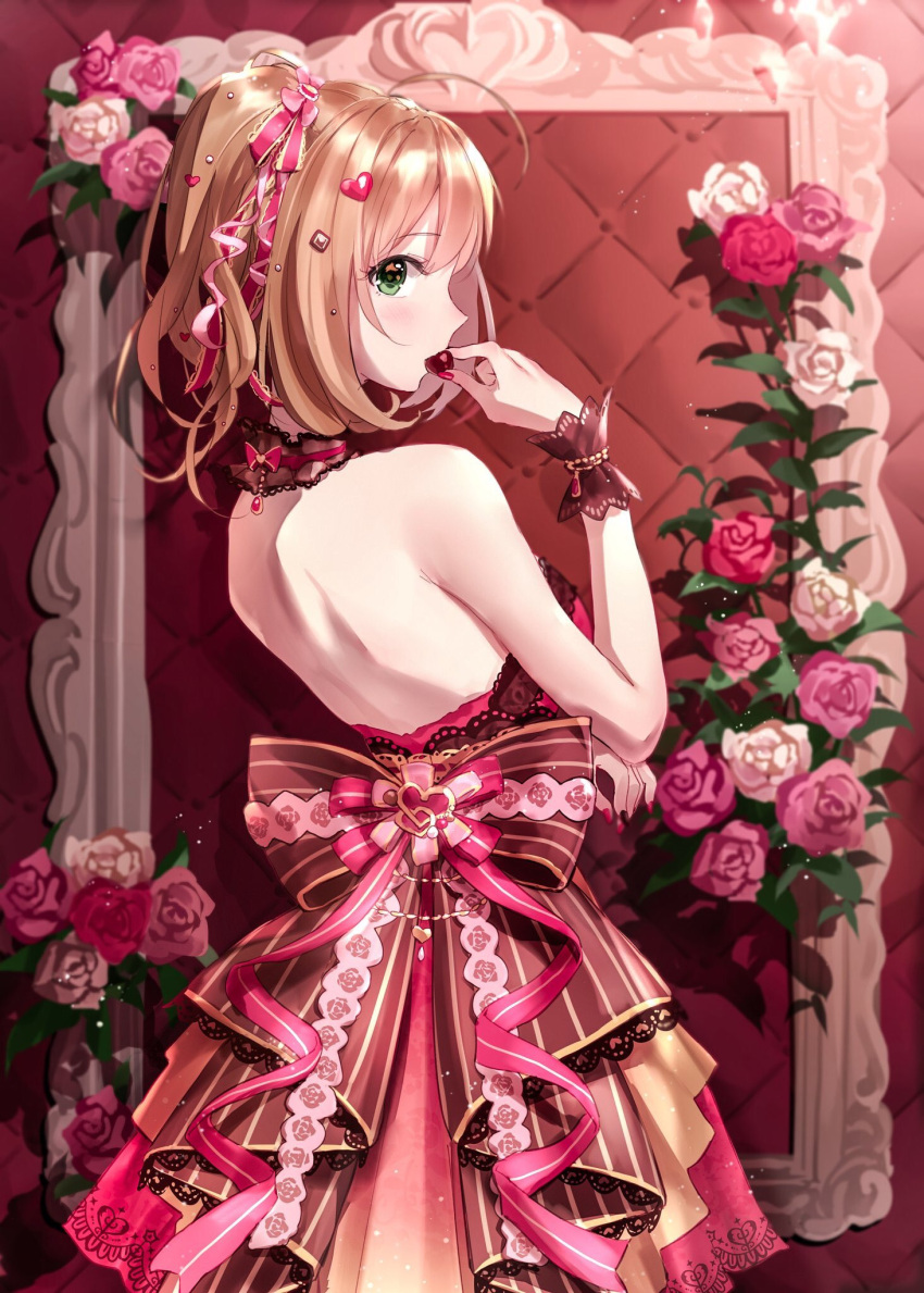 ahoge back bare_shoulders blonde_hair blush breasts chocolate dress eating female floral_background flower from_side green_eyes hair_ornament hair_ribbon heart highres idolmaster idolmaster_cinderella_girls idolmaster_cinderella_girls_starlight_stage large_breasts layered_dress long_hair looking_at_viewer open_mouth picture_frame red_dress red_nails red_ribbon ribbon rose sash sato_shin scrunchie see-through_choker solo takeashiro twintails