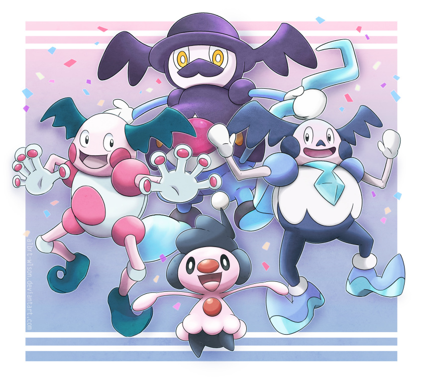 :d absurdres albrt-wlson black_eyes commentary english_commentary evolutionary_line full_body galarian_mr._mime happy highres looking_at_viewer mime_jr. mr._mime mr._rime no_humans open_mouth outstretched_arms photoshop_(medium) pokemon pokemon_(creature) purple_background simple_background smile spread_arms standing yellow_eyes