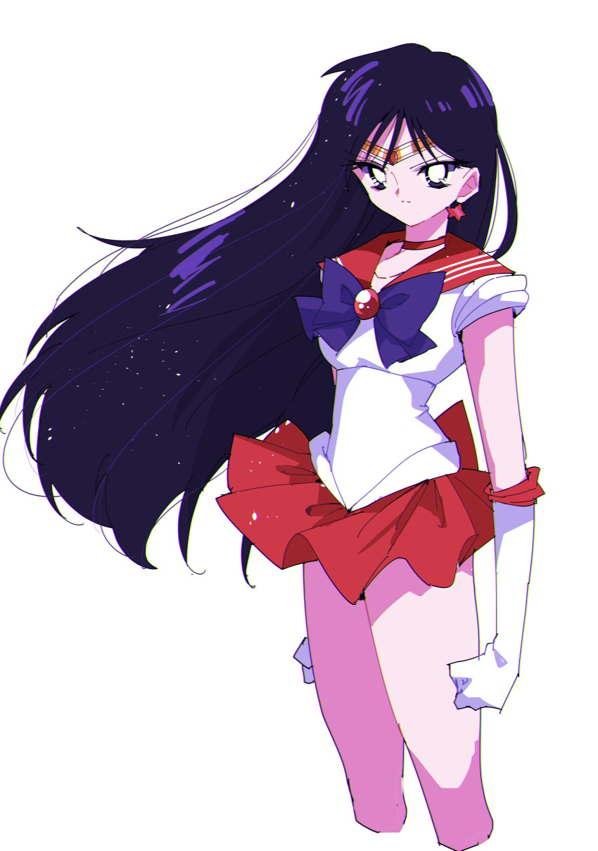 absurdres bad_id bad_pixiv_id bishoujo_senshi_sailor_moon black_eyes black_hair bow bright_pupils clenched_hands cropped_legs earrings elbow_gloves female floating_hair gloves gold_headband hair_behind_ear highres hino_rei jewelry long_hair magical_girl pochi_(askas_is_god) purple_bow red_skirt sailor_collar sailor_mars sailor_senshi_uniform skirt solo star_(symbol) star_earrings white_gloves white_pupils