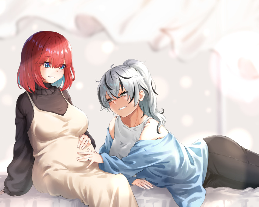 2girls :d absurdres bare_shoulders bed_sheet big_belly black_hair black_pants black_sweater blue_eyes blue_hair blue_jacket blurry blurry_background blush breasts colored_inner_hair depth_of_field dress glint green_eyes grey_hair hand_on_another's_stomach hand_on_own_stomach highres ips_cells jacket jewelry large_breasts long_sleeves m.tokotsu multicolored_hair multiple_girls off_shoulder on_bed open_clothes open_jacket original pants parted_lips ponytail pregnant red_hair ring shirt short_hair sitting smile streaked_hair sweater tank_top two-tone_hair wedding_ring white_dress white_shirt wife_and_wife yuri