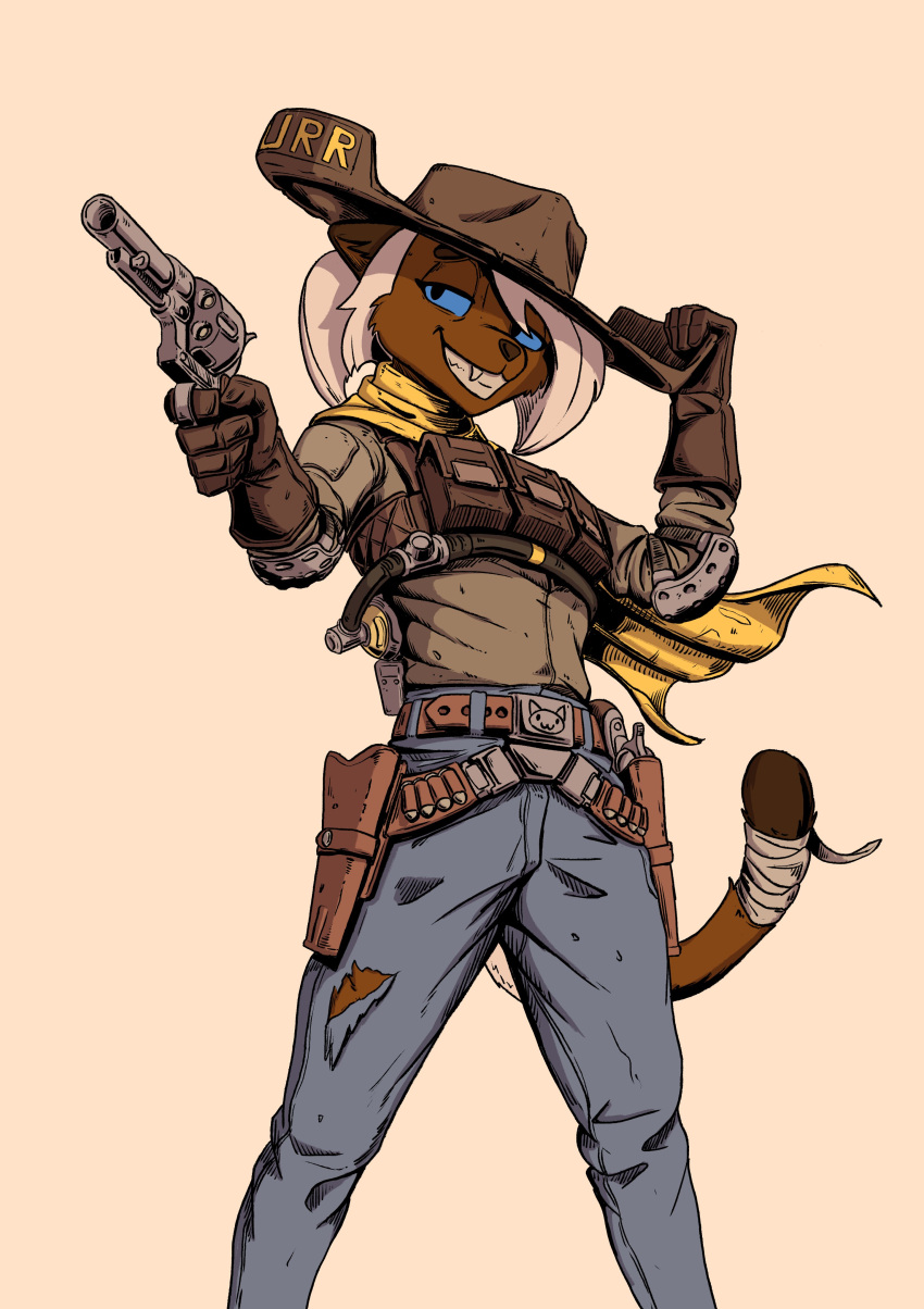 2022 absurd_res anthro clothed clothing cowboy cowboy_hat felid feline female gloves grin gun handgun handwear hat headgear headwear hi_res holster hungrydazzle mammal percy_(teckworks) ranged_weapon revolver simple_background single_action smile solo standing weapon