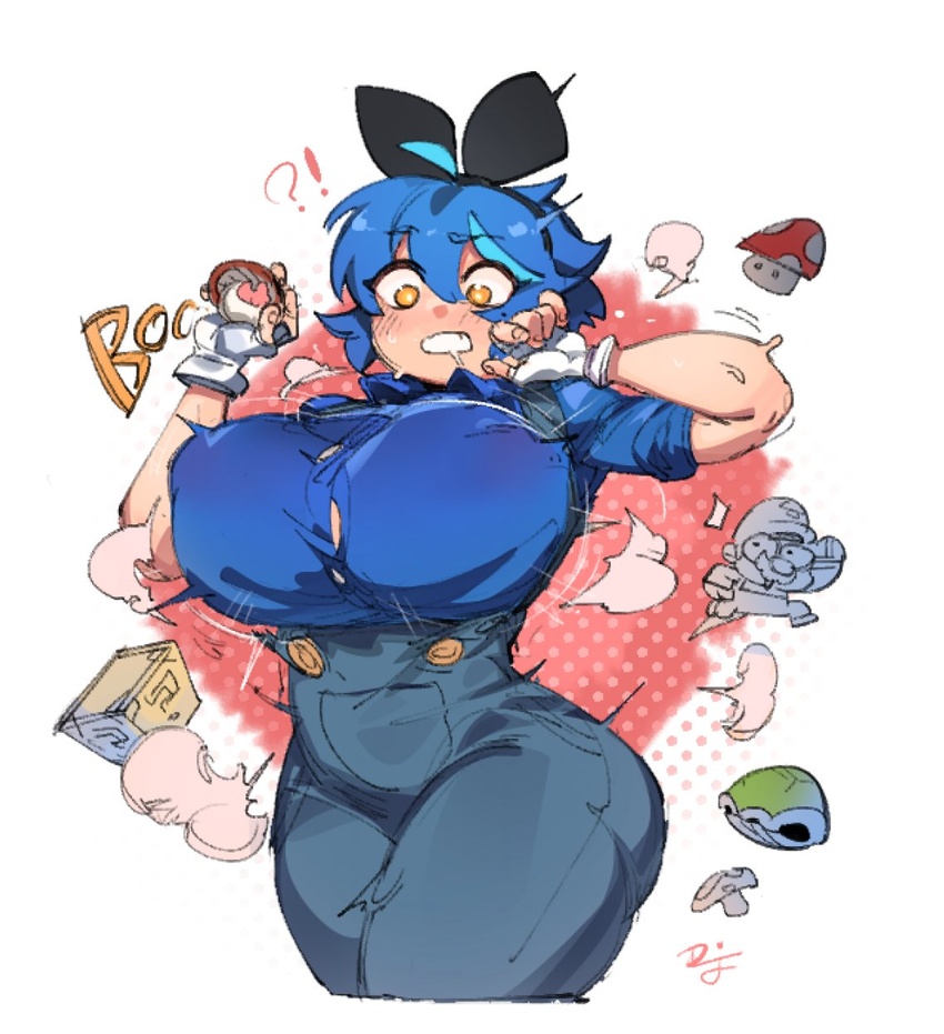 ?_block alternate_breast_size ass_expansion black_hairband blue_hair blue_overalls blush breast_expansion breasts bursting_breasts button_gap dif_(difman) difman english_commentary engrish_commentary female green_shell_(mario) hair_between_eyes hair_ribbon hairband highres huge_breasts mario mario_(series) mole multicolored_hair mushroom original overalls ribbon solo streaked_hair super_mushroom surprised the_super_mario_bros._movie wardrobe_malfunction yellow_eyes