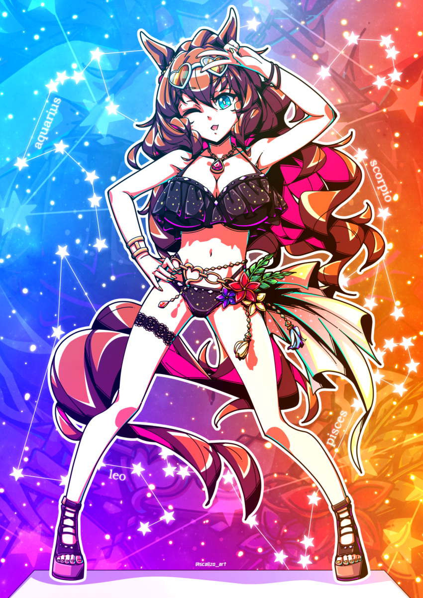 ;d animal_ears belt bikini blue_eyes bracelet breasts brown_hair cleavage eyewear_on_head female flower full_body hand_on_own_hip hand_up heart heart-shaped_eyewear highres horse_ears horse_girl horse_tail jewelry long_hair looking_at_viewer maruzensky_(blasting_off_summer_night)_(umamusume) maruzensky_(umamusume) navel necklace official_alternate_costume one_eye_closed pink_hair scalizo smile solo sunglasses swimsuit tail toeless_footwear twitter_username umamusume v