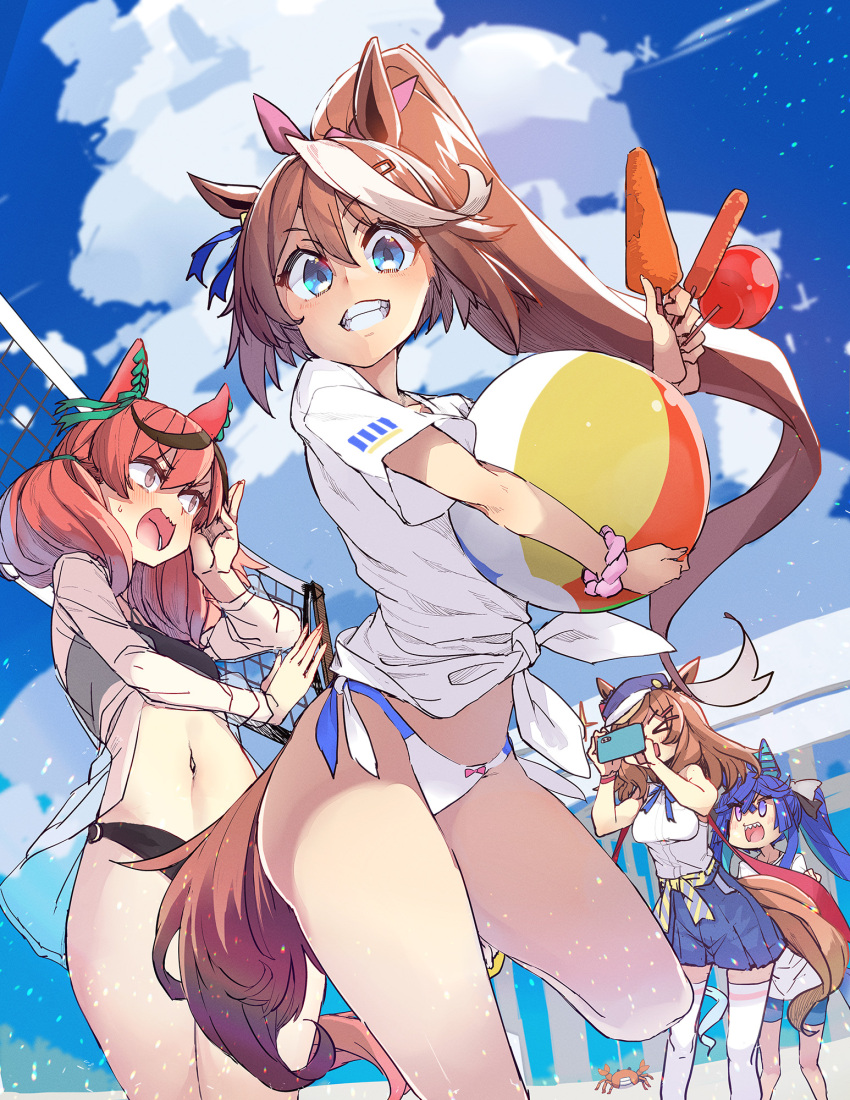 >_< 0_0 4girls alternate_costume animal_ears ball beach beachball bikini black_bikini black_bow blue_eyes blue_hair blue_ribbon bow brown_eyes brown_hair cabbie_hat candy_apple carrot cellphone cloud commentary_request contrail crab ear_covers ear_ribbon ears_through_headwear food from_below green_ribbons grin hair_between_eyes hair_ornament hairbow hairclip hat heterochromia hidori_(hibi_toridori) high_ponytail highres holding holding_ball holding_beachball holding_food holding_phone horse_ears horse_girl horse_tail long_hair matikane_tannhauser_(umamusume) medium_hair multicolored_hair multiple_girls multiple_hair_bows neck_ribbon nice_nature_(umamusume) open_mouth outdoors phone pink_bow purple_eyes purple_headwear ribbon sharp_teeth shirt sidelocks sky sleeveless sleeveless_shirt smartphone smile streaked_hair summer sweatdrop swimsuit tail taking_picture teeth thighhighs tied_shirt tokai_teio_(umamusume) twin_turbo_(umamusume) twintails two-tone_hair umamusume upper_teeth_only very_long_hair volleyball_net white_bikini white_bow white_hair white_shirt white_thighhighs