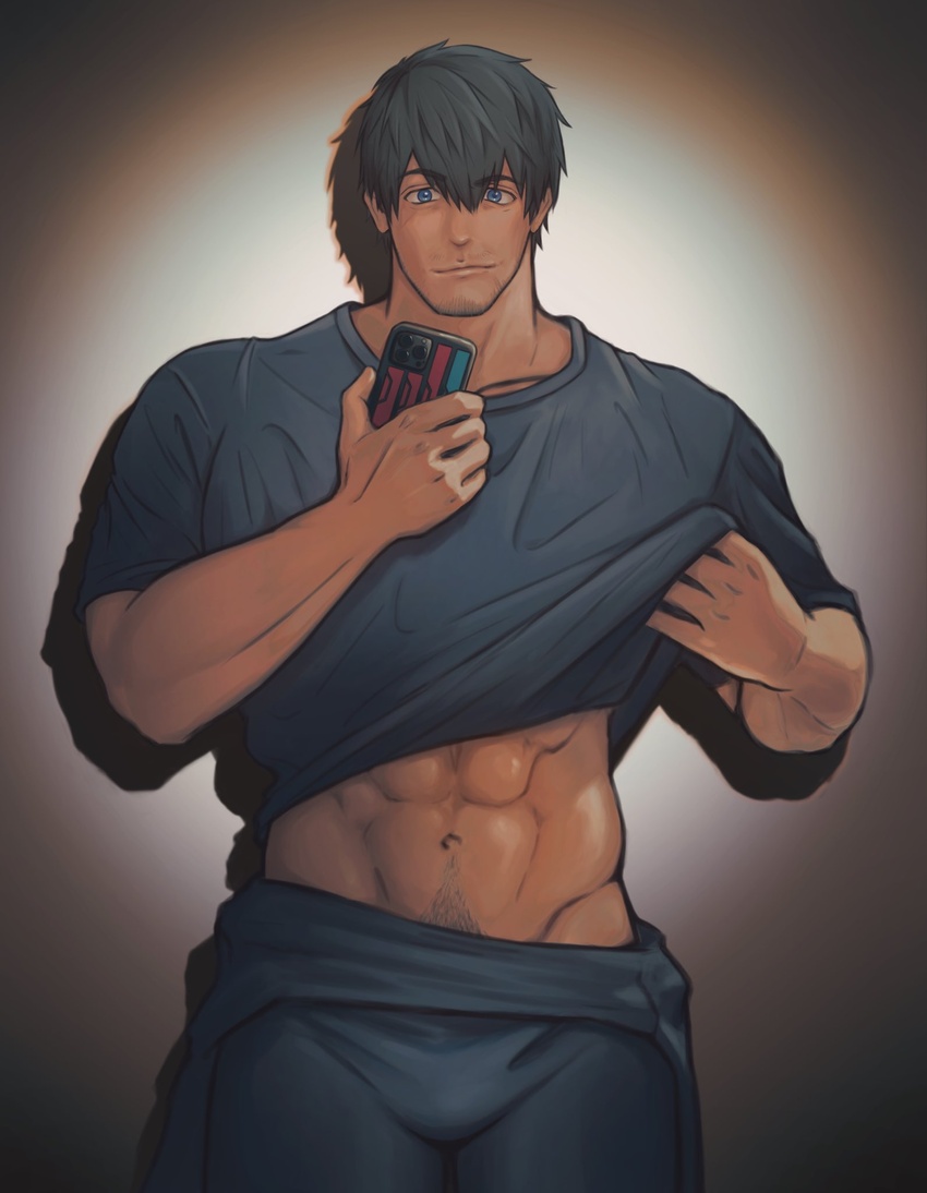 1boy abs adventurer_(ff14) allagan_tomestone bara black_hair black_pants black_shirt blue_eyes closed_mouth clothes_lift facial_hair final_fantasy final_fantasy_xiv highres holding holding_phone hyur male_focus male_pubic_hair mikomi_95 muscular muscular_male navel pants phone pubic_hair shirt shirt_lift short_hair smile solo warrior_of_light_(ff14)