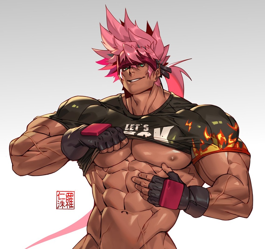 1boy abs artist_logo artist_name bara biceps broad_shoulders clothes_lift clothes_writing commission dark-skinned_male dark_skin flame_print gloves green_eyes guilty_gear headband large_pectorals long_hair looking_at_viewer male_focus manly muscular muscular_male na_insoo navel nipples pectorals pink_hair ponytail shirt shirt_lift smirk sol_badguy solo spiked_hair t-shirt thick_arms tight underpec upper_body veins veiny_arms