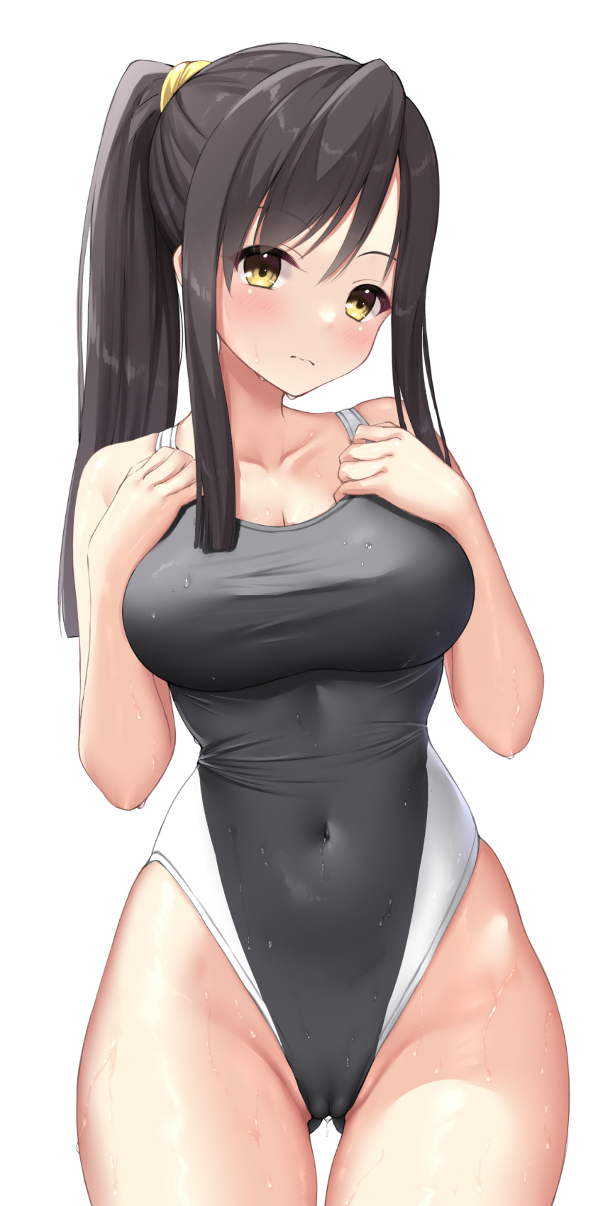 absurdres ass_visible_through_thighs black_hair black_one-piece_swimsuit breast_hold breasts brown_eyes cameltoe cleavage collarbone commentary_request competition_swimsuit covered_navel cowboy_shot female frown groin hair_between_eyes hands_on_own_chest highres large_breasts long_hair looking_at_viewer ncontrail_(mgax7527) one-piece_swimsuit ponytail sanoba_witch sidelocks simple_background skindentation solo standing swimsuit thigh_gap thighs togakushi_touko two-tone_swimsuit wet white_background yellow_eyes