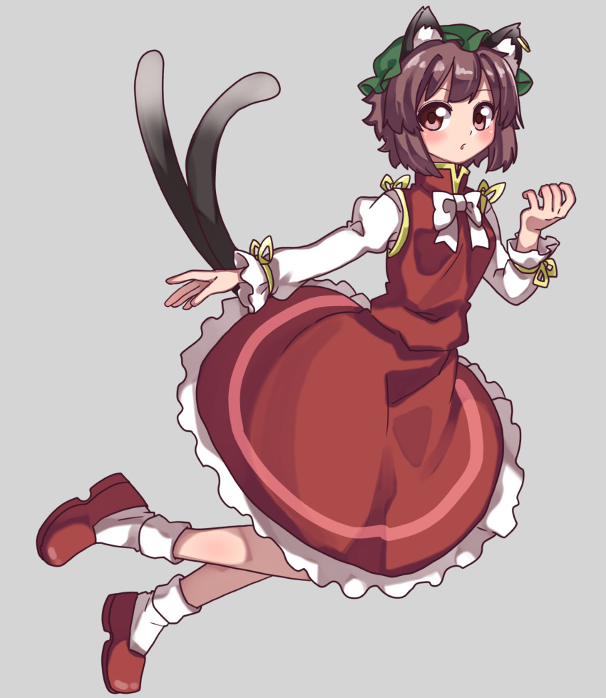 animal_ear_piercing animal_ears blush bow brown_hair cat_ears cat_tail chen female frills full_body green_hat grey_background hat highres jewelry long_sleeves looking_at_viewer mob_cap multiple_tails nekomata red_footwear red_skirt renshirenji shirt shoes short_hair simple_background skirt socks solo tail touhou two_tails white_socks