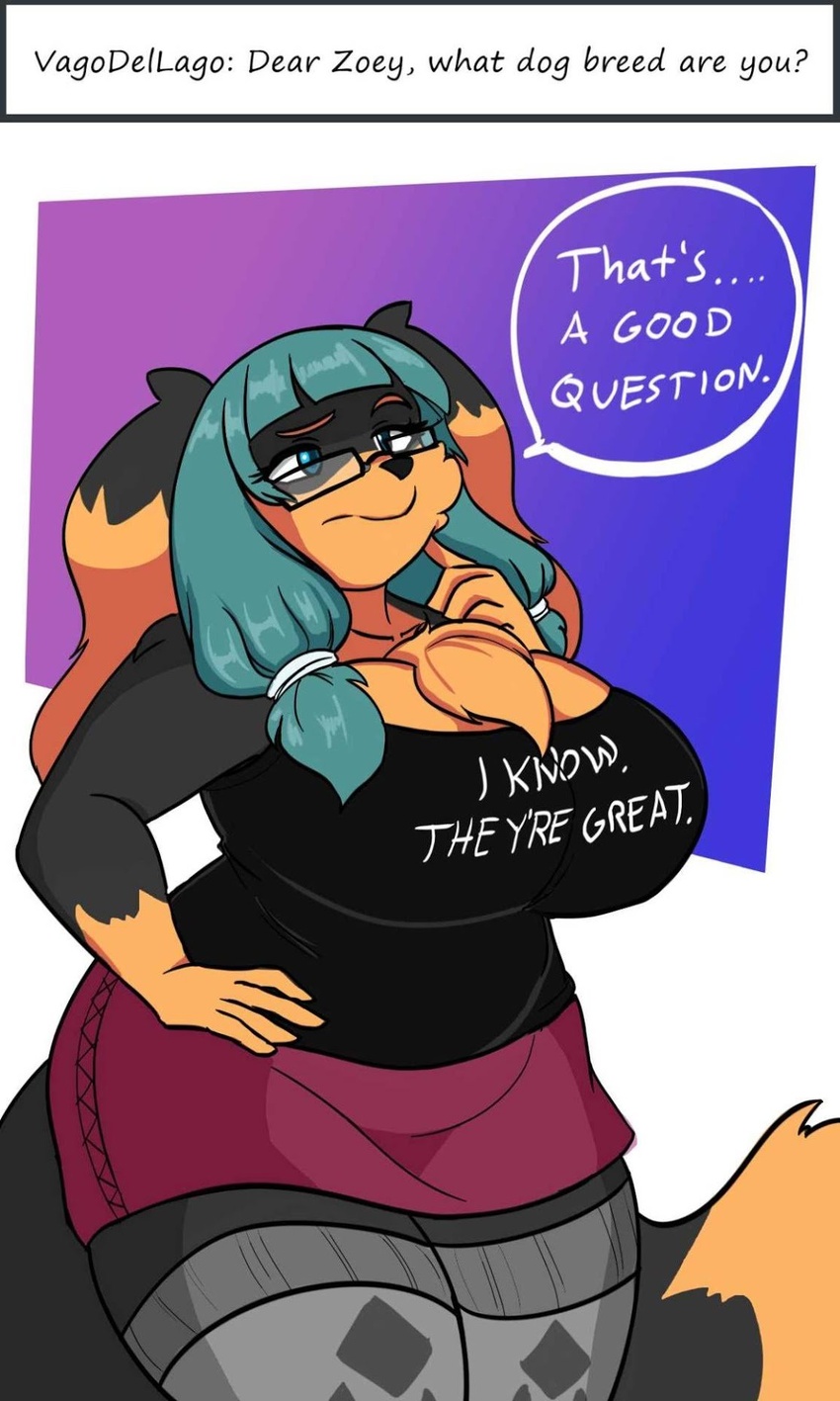 anthro ask_blog big_breasts bird_dog breasts canid canine canis cavalier_king_charles_spaniel clothing dialogue domestic_dog english_text eyewear female glasses hair hi_res huge_breasts hunting_dog jwinkz mammal solo spaniel text toy_dog zoey_(jwinkz)