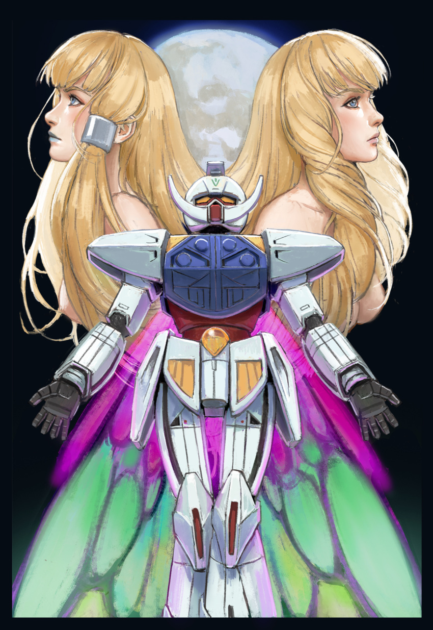 2girls black_background black_border blonde_hair blue_eyes blue_lips border breasts dianna_soreil gundam highres kihel_heim look-alike looking_up mecha medium_breasts moon multiple_girls nekkikamille no_nipples open_hands robot science_fiction space turn_a_gundam turn_a_gundam_(mobile_suit) upper_body yellow_eyes