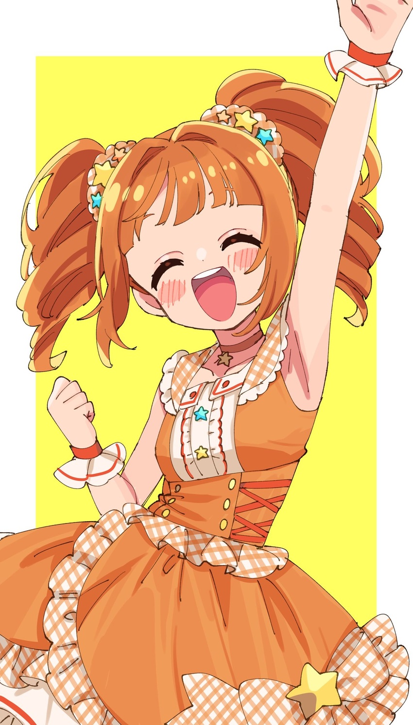 ^_^ arm_up armpits border breasts brown_hair brown_scrunchie choker clenched_hand closed_eyes collarbone cowboy_shot dot_nose dress female frilled_dress frills hair_ornament hair_scrunchie hand_up highres idolmaster idolmaster_(classic) idolmaster_million_live! idolmaster_million_live!_theater_days open_hand open_mouth orange_corset orange_dress outside_border pink_choker plaid plaid_dress plaid_scrunchie red_wristband scrunchie sleeveless sleeveless_dress small_breasts smile solo standing star_(symbol) star_choker star_hair_ornament sukoyaka_(100hituzi) takatsuki_yayoi teeth twintails underbust upper_teeth_only white_border yellow_background