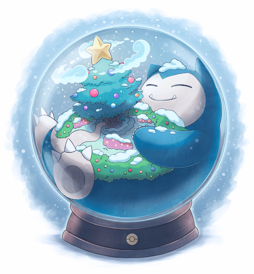 absurdres albrt-wlson bush christmas_tree closed_eyes closed_mouth commentary english_commentary full_body gigantamax gigantamax_snorlax highres in_container lying no_humans on_back photoshop_(medium) pokemon pokemon_(creature) road smile snorlax snow_globe solo tree