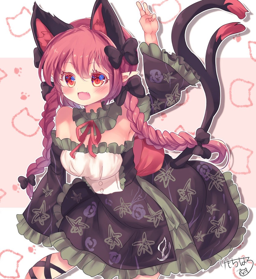 :d adapted_costume animal_ears arm_up armpits bare_shoulders black_bow bow braid cat_ears cat_tail dress female floral_print forked_tail frills hairbow heart highres kaenbyou_rin kemo_chiharu long_hair nekomata oerba_yun_fang off-shoulder_dress off_shoulder open_mouth paw_print pointy_ears red_eyes red_hair smile solo tail touhou twin_braids v