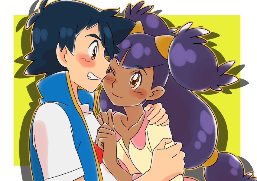 1boy amada ash_ketchum_(cosplay) black_hair blush brown_eyes cosplay dark-skinned_female dark_skin female iris_(pokemon) long_hair pokemon pokemon_(anime) pokemon_journeys purple_hair satoshi_(pokemon) smile