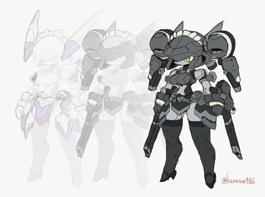 arm_cannon breasts buster_maiden_(kuruton486) full_body green_eyes grey_background highres humanoid_robot kuruton486 looking_ahead medium_breasts no_mouth original robot science_fiction standing thrusters twitter_username variations weapon