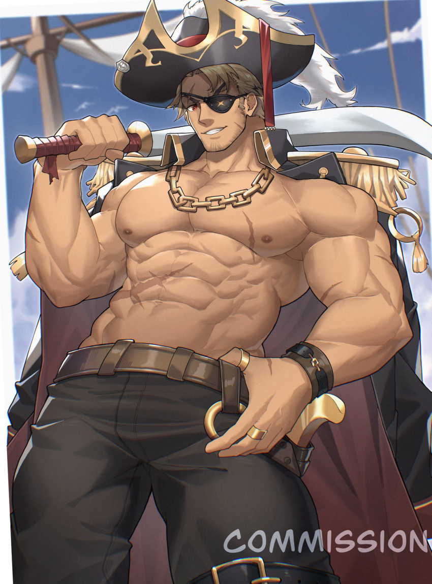 1boy abs bad_id bad_twitter_id bara belt biceps blonde_hair blurry blurry_background boat bracelet chains cloud cloudy_sky commentary commission eugene_kidd eyepatch facial_hair gun hand_on_own_hip hat highres jacket jewelry large_pectorals long_sideburns looking_at_viewer machete male_focus muscular muscular_male necklace nipples open_clothes open_jacket original over_shoulder pants pectorals pirate pirate_hat red_eyes ring sailing scar scar_on_arm scar_on_chest scar_on_face scar_on_stomach shoulder_pads sideburns sky smile solo stomach stubble sword symbol-only_commentary tan tekkowang thick_arms topless_male watercraft weapon weapon_over_shoulder