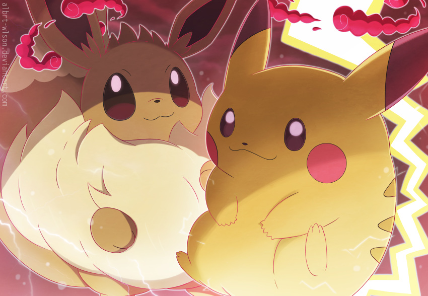 :3 absurdres albrt-wlson black_eyes brown_eyes closed_mouth commentary eevee english_commentary gigantamax gigantamax_eevee gigantamax_pikachu happy highres looking_at_viewer no_humans photoshop_(medium) pikachu pokemon pokemon_(creature) smile watermark web_address