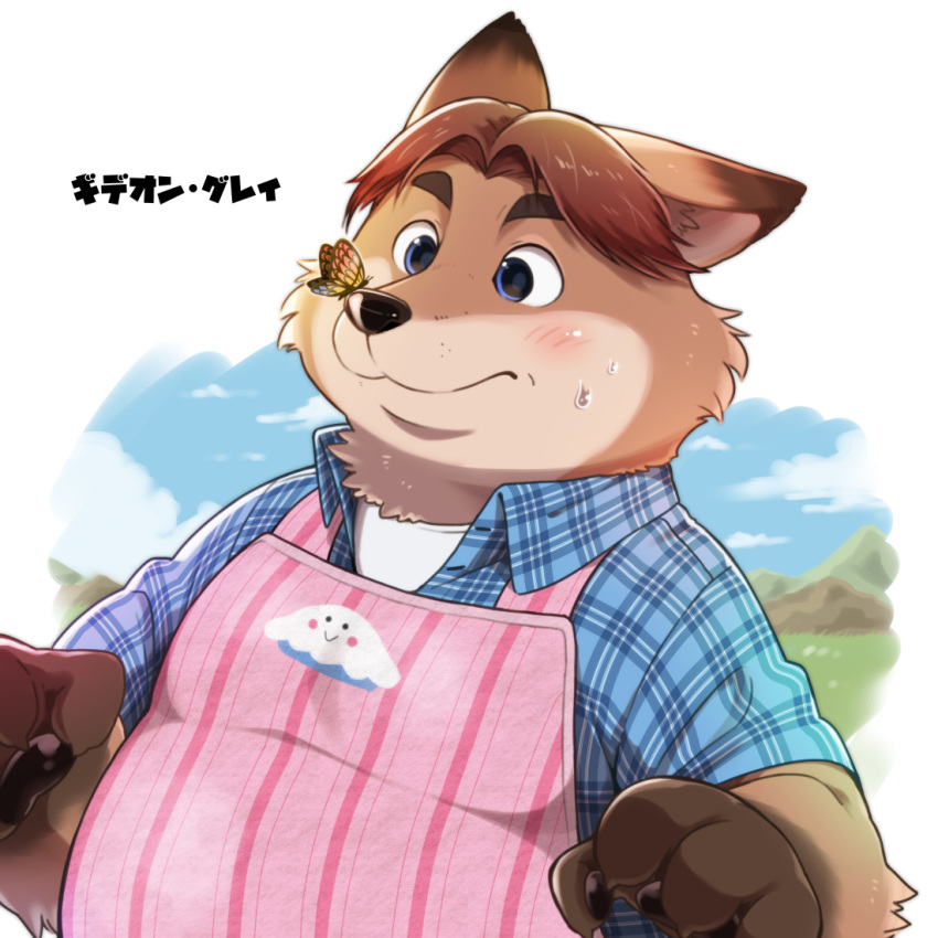 1:1 2016 anthro apron belly blush bodily_fluids canid canine clothing disney fox gideon_grey hinami kemono male mammal overweight overweight_male red_fox shirt solo sweat topwear true_fox zootopia