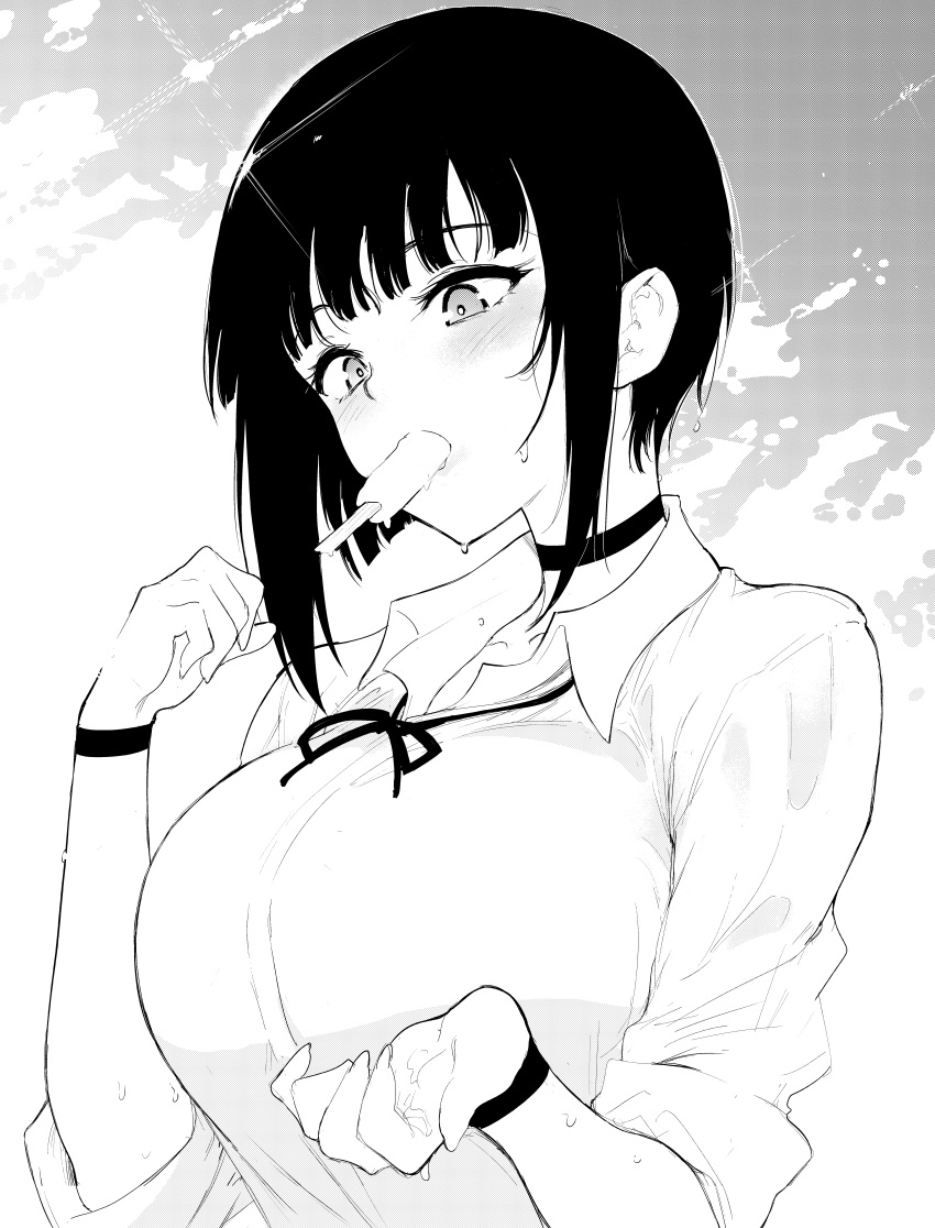 absurdres arm_up blush breasts choker collarbone comic_bavel female fingernails food food_in_mouth greyscale highres huge_breasts kyokucho long_sleeves miyabi-senpai monochrome neck_ribbon popsicle popsicle_in_mouth ribbon short_hair sidelocks solo sweat wet wristband