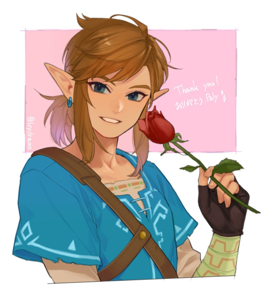 1boy artist_name black_gloves blue_eyes blue_shirt champion's_tunic_(zelda) commentary cropped_torso earrings fingerless_gloves flower gloves hands highres holding holding_flower ivy_(sena0119) jewelry link looking_at_viewer male_focus medium_hair pink_background pointy_ears ponytail red_flower red_rose rose shirt short_ponytail short_sleeves smile solo the_legend_of_zelda the_legend_of_zelda:_breath_of_the_wild tunic upper_body white_background