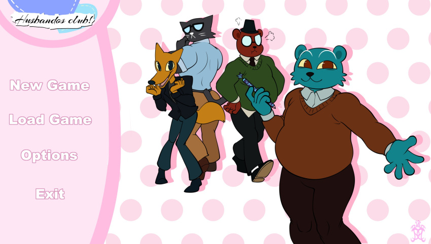 angus_delaney anthro bear black_body black_clothing black_fur bobthetanuki bottomwear brown_body brown_fur canid canine clothing doki_doki_literature_club! domestic_cat eyewear felid feline felis fox fur glasses gregg_lee group hi_res jacket leather leather_clothing leather_jacket leather_topwear male mammal mr._chazokov night_in_the_woods pants parody stan_borowski sweater sweater_vest team_salvato topwear vest