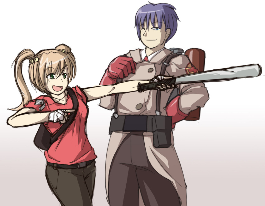 1boy bandages baseball_bat bat_(animal) blue_eyes blue_hair brown_hair cosplay cyzir_visheen dog_tags female gloves green_eyes hair_bobbles hair_ornament ibarazaki_emi katawa_shoujo medic_(tf2) medic_(tf2)_(cosplay) nurse_(katawa_shoujo) one_eye_closed open_mouth photoshop_(medium) red_medic_(tf2) red_medic_(tf2)_(cosplay) red_scout_(tf2) red_scout_(tf2)_(cosplay) scout_(tf2) scout_(tf2)_(cosplay) team_fortress_2 twintails