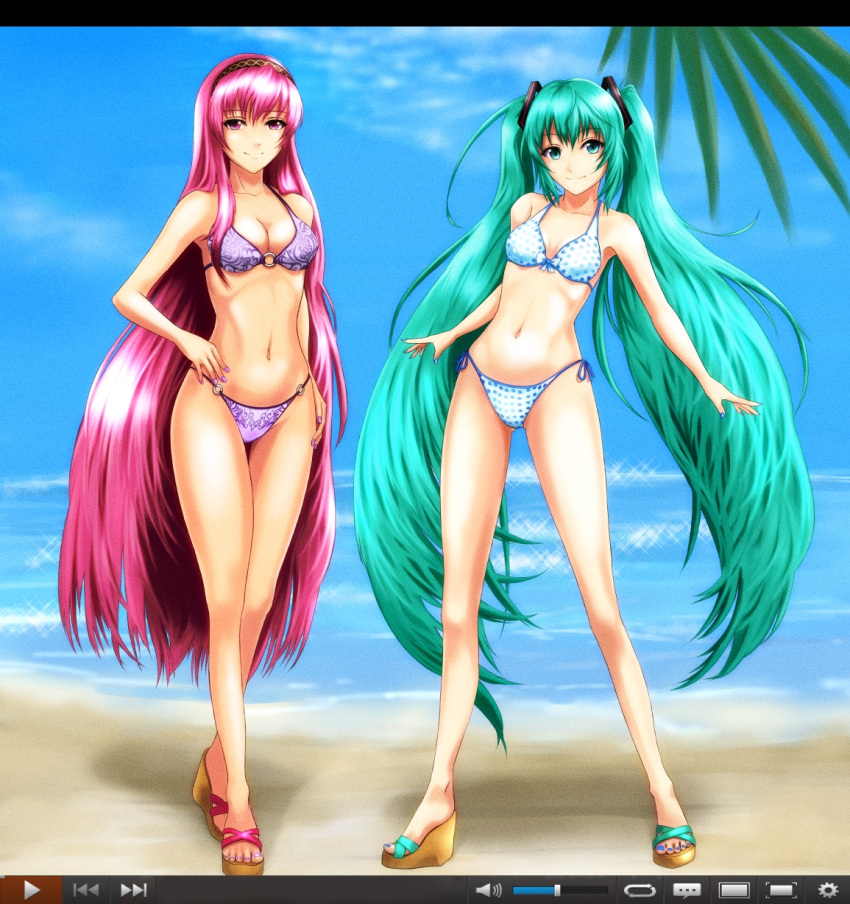 2girls aqua_eyes aqua_hair beach bikini breasts cleavage commentary_request crossed_legs din_(raiden) fingernails hand_on_own_hip hatsune_miku highres long_fingernails long_hair long_legs medium_breasts megurine_luka multiple_girls nail_polish navel o-ring o-ring_bottom o-ring_top pink_eyes pink_hair platform_footwear polka_dot polka_dot_bikini polka_dot_swimsuit sandals side-tie_bikini_bottom smile swimsuit thigh_gap toenail_polish toenails twintails very_long_hair vocaloid watson_cross wedge_heels