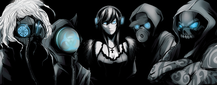 alternate_hair_color aqua_eyes biohazard_symbol black_hair breasts cleavage coat commentary_request cross crossed_arms female fur_trim gas_mask glowing glowing_eyes hat headphones highres hood horns jacket jewelry jinbei long_hair mask medium_breasts megurine_luka necklace pendant vocaloid white_hair