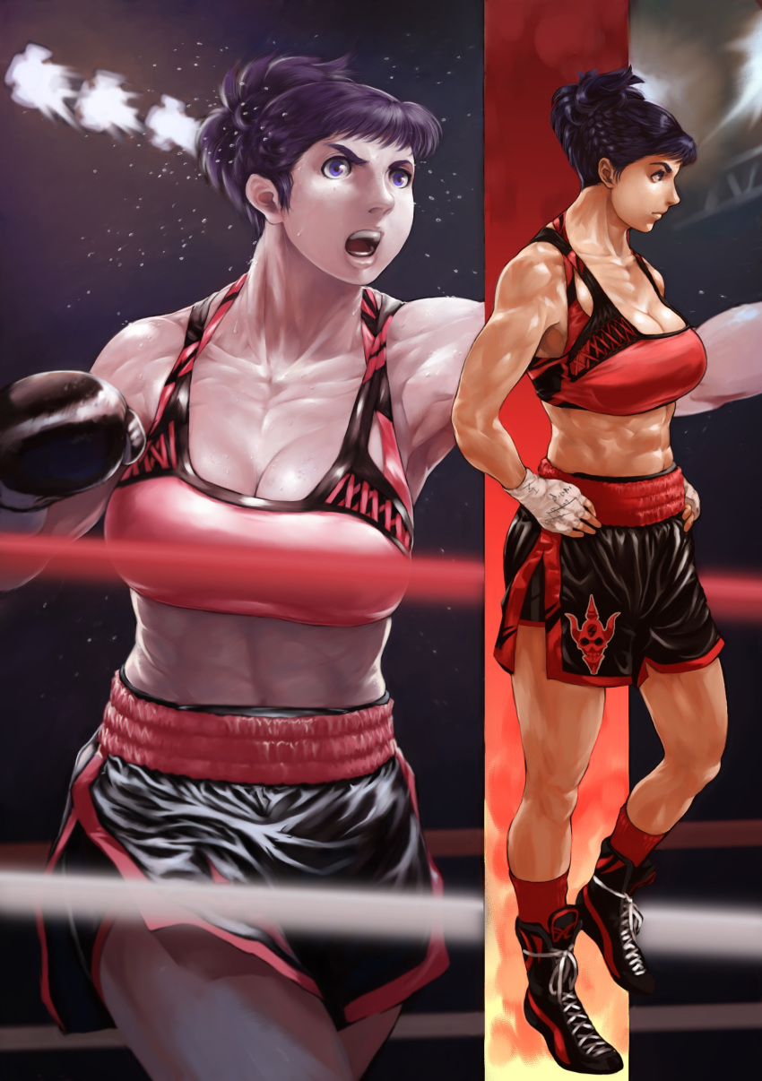 abs absurdres black_hair blue_eyes boxing boxing_gloves boxing_ring braid breasts commentary_request female hair_up highres large_breasts light muscular muscular_female obliques original projected_inset punching red_legwear sports_bra vigwer