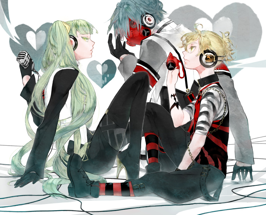 2boys agitation_(module) aqua_eyes aqua_hair arm_support bad_boy_(module) black_footwear black_gloves blonde_hair boots cable chains commentary_request female from_side gas_mask general_(module) gloves green_hair hatsune_miku headphones high_heel_boots high_heels highres kagamine_len kaito_(vocaloid) long_hair mask microphone multiple_boys pantyhose profile project_diva_(series) project_diva_f scarf shoes sitting striped_clothes striped_pantyhose tattoo toma_'3' unhappy_refrain_(vocaloid) very_long_hair vocaloid