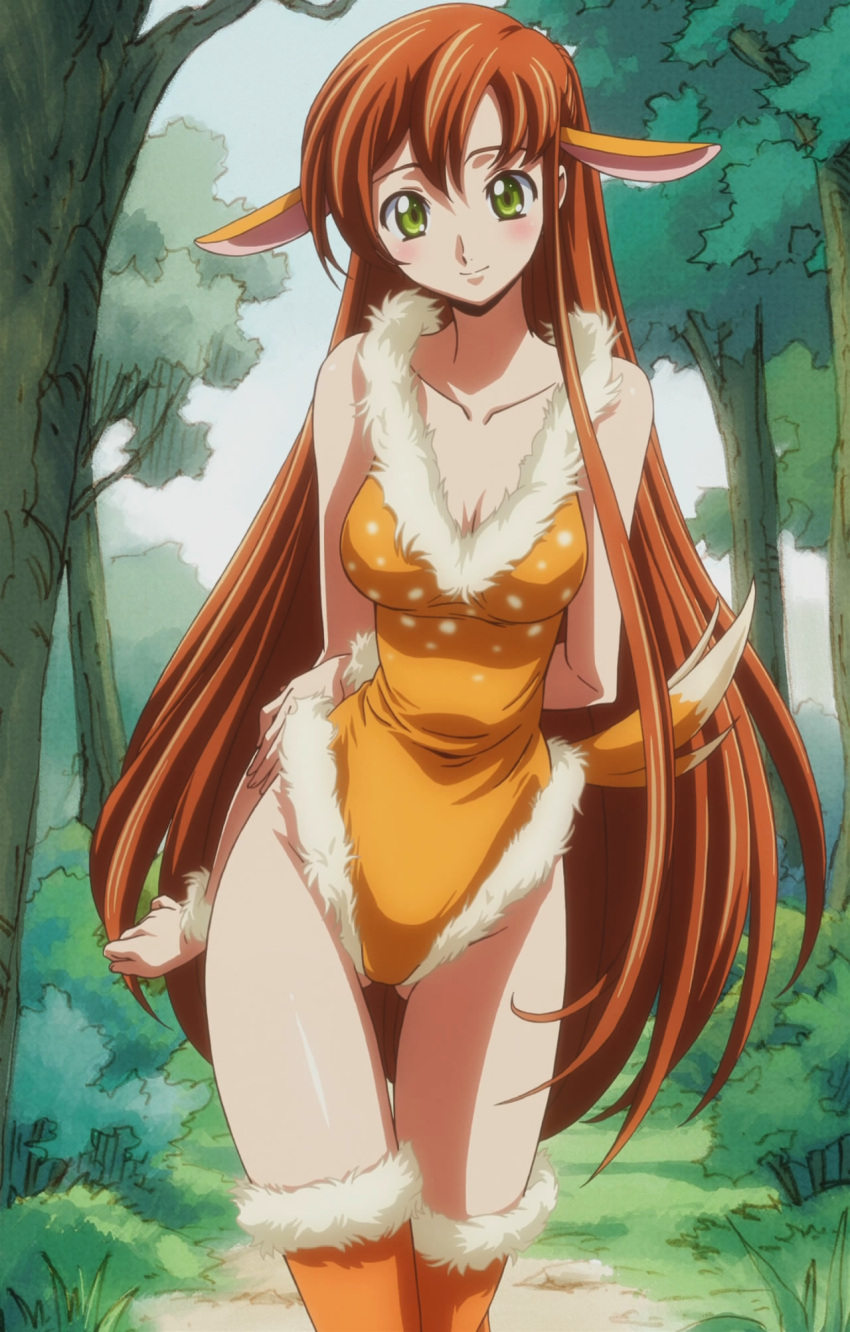 blush breasts brown_hair cleavage code_geass code_geass:_nunnally_in_wonderland cosplay costume fawn female green_eyes highres long_hair screencap shirley_fenette smile stitched thighs