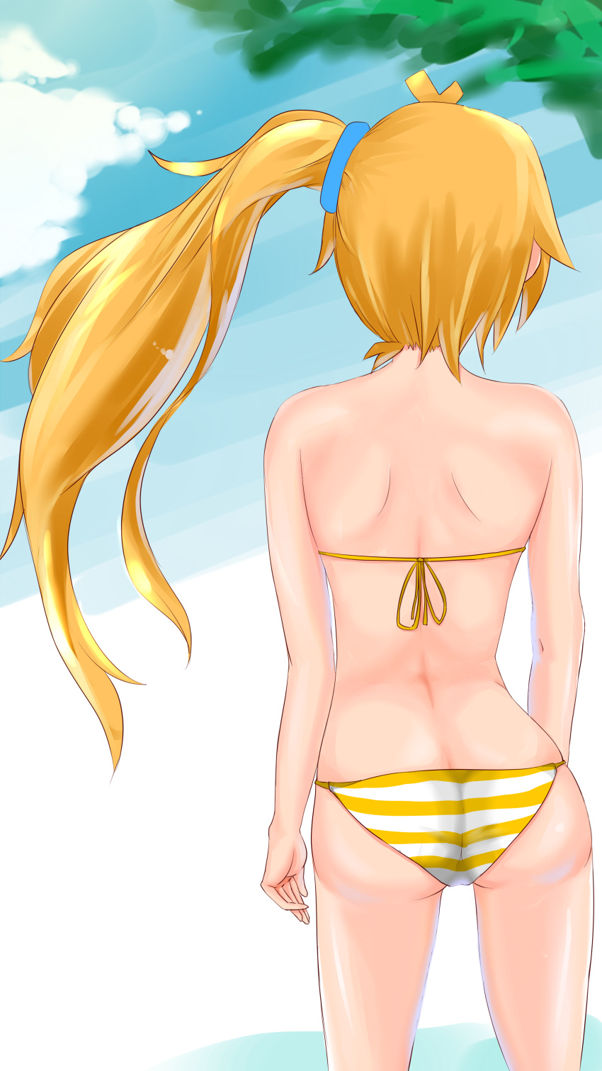 absurdres akita_neru behind bikini blonde_hair from_behind highres kurokin long_hair standing striped striped_bikini striped_swimsuit swimsuit vocaloid