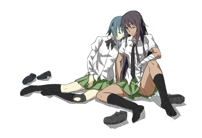 2girls amputee bandages black_bow black_bowtie black_hair black_necktie blouse blue_hair bow bowtie colorfag colorized dark-skinned_female dark_skin extra green_skirt head_on_another's_shoulder highres katawa_shoujo knee_brace kneehighs long_hair miura_miki multiple_girls necktie one_eye_closed raide school_uniform shirt shoes skirt sleeping sleeping_upright socks suzuki_suzu unworn_shoes white_shirt yamaku_high_school_uniform