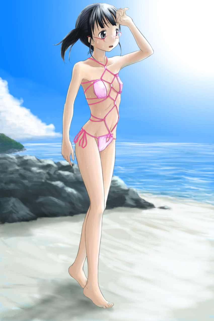 beach bikini black_hair blue_eyes breasts chairopen glasses highres shibarikini short_hair side-tie_bikini small_breasts standing swimsuit water wet