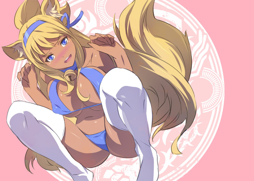 akira_(coffee_curry) animal_ears bell bikini blonde_hair blue_bikini blue_eyes breasts collar commentary_request female hair_ribbon huge_breasts kouretsuken_mahiru long_hair looking_at_viewer neck_bell open_mouth photoshop_(medium) ribbon shinrabanshou solo swimsuit tail tan thighhighs white_thighhighs