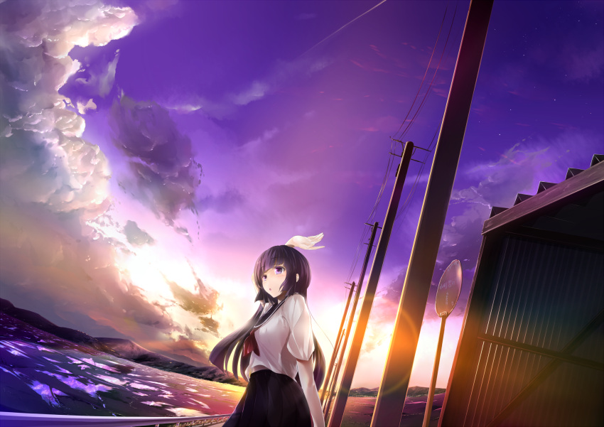 black_hair bus_stop cloud commentary_request dusk female highres hime_cut long_hair ocean open_mouth original outdoors school_uniform short_sleeves sky solo sunset wingheart