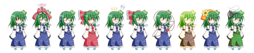 @_@ alternate_color alternate_hairstyle blush bow chibi closed_eyes commentary_request cosplay detached_sleeves eyeball female flower frog_hair_ornament full_body green_hair hair_ornament hair_ribbon hairbow hakurei_reimu hakurei_reimu_(cosplay) hat headphones heart highres hitodama kagiyama_hina kagiyama_hina_(cosplay) kochiya_sanae komeiji_satori komeiji_satori_(cosplay) konpaku_youmu konpaku_youmu_(cosplay) konpaku_youmu_(ghost) long_hair osashin_(osada) ribbon skirt sleeves_past_wrists smile snake spiral-only_eyes sunflower third_eye touhou toyosatomimi_no_miko toyosatomimi_no_miko_(cosplay) transparent_background white_sleeves wide_image yellow_eyes