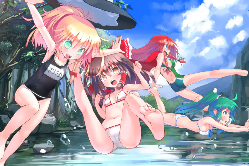 4girls :d aqua_eyes barefoot bikini braid brown_eyes brown_hair cloud commentary_request competition_swimsuit day dive feet forest green_hair hair_tubes hakurei_reimu hat highres holding hong_meiling jumping kirisame_marisa kochiya_sanae long_hair multiple_girls name_tag nature one-piece_swimsuit open_mouth outdoors outstretched_arms painttool_sai_(medium) patricia_(stylish_marunage) ponytail red_hair school_swimsuit sky smile soles swimsuit touhou translated twin_braids unworn_hat unworn_headwear water witch_hat