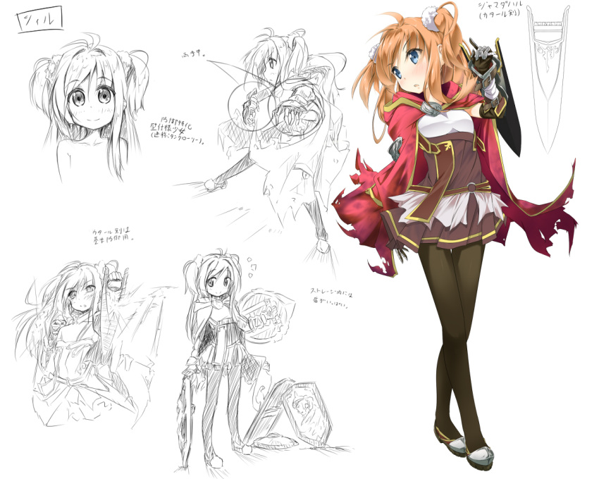 black_pantyhose blue_eyes cape commentary_request dagger female jamadhar knife morito_(mikamitouya) multiple_views orange_hair original pantyhose reference_sheet short_twintails skirt sword_art_online twintails weapon