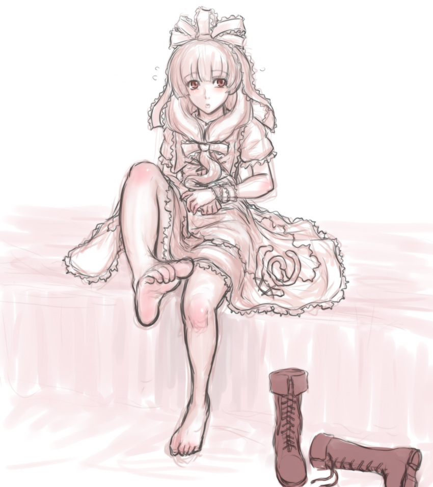 barefoot boots commentary_request cross-laced_footwear dress feet female front_ponytail hair_ribbon highres kagiyama_hina kuro_suto_sukii lace-up_boots limited_palette long_hair ribbon shoes sitting soles solo toes touhou unworn_boots unworn_shoes