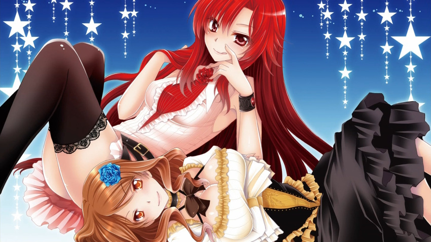 brown_hair cule_zeria dakara_boku_wa_h_ga_dekinai lisara_restall long_hair red_eyes red_hair ribbons stars thighhighs